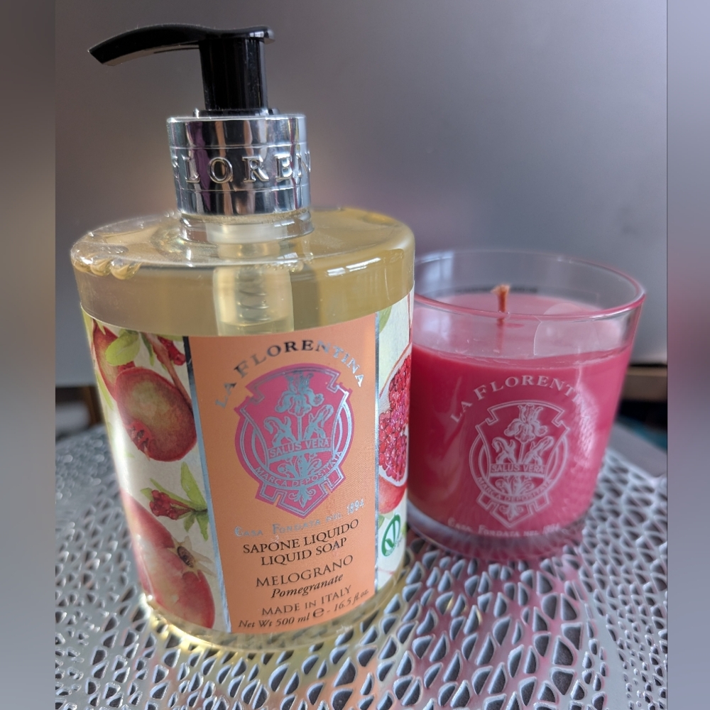 La Fiorentina Pomegranate Liquid Soap and Pink Candle Set Made In Italy